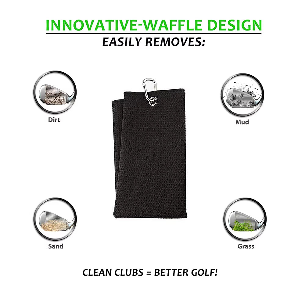 Tri-Fold Golf Towel | Premium Microfiber Fabric | Waffle Pattern | Heavy Duty Carabiner Clip