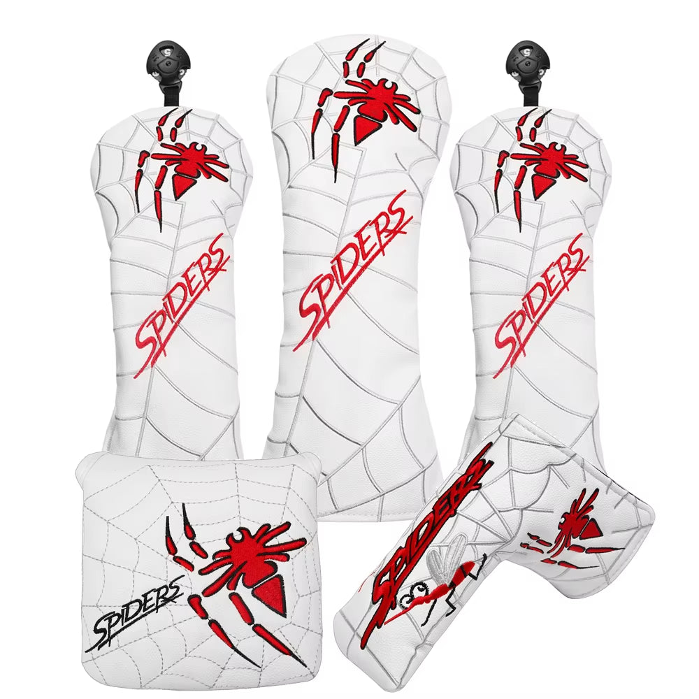 White PU Leather Spider Embroidery Golf Club Head Covers for Taylormad Driver Fairway Woods Hybird Blade Large Mallet Putter