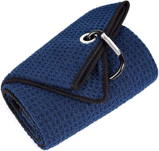Tri-Fold Golf Towel | Premium Microfiber Fabric | Waffle Pattern | Heavy Duty Carabiner Clip